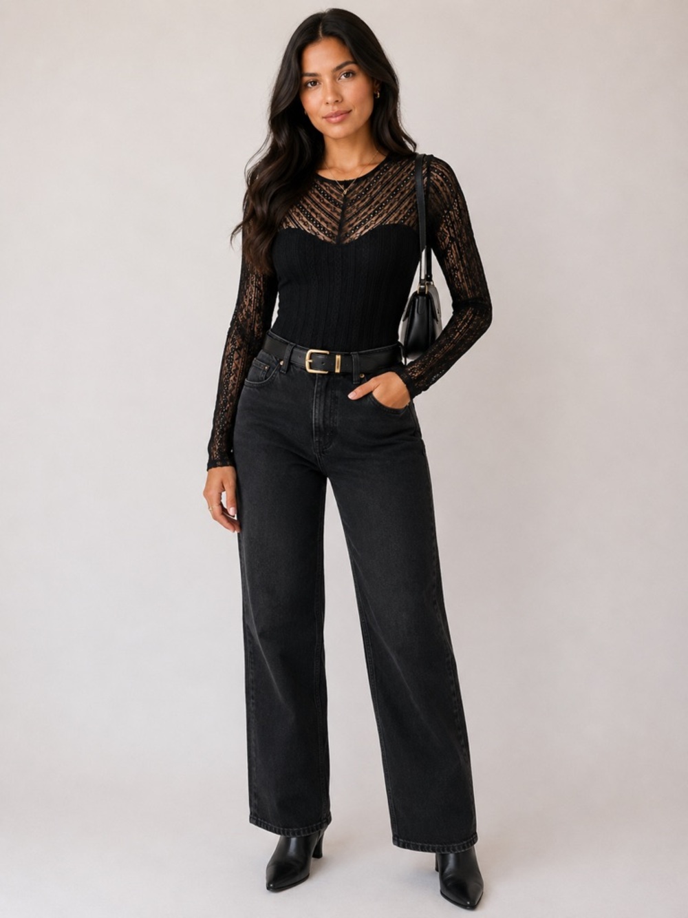 Abercrombie & Fitch Black Lace Knit Long-Sleeve Bodysuit Size Extra Small